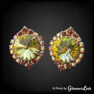 Vintage Green Watermelon Rivoli Red & AB Rhinestone Gold Tone Clip On Earrings